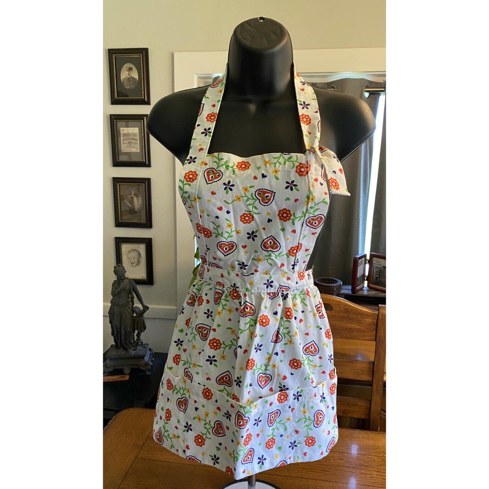 Vintage Linen Kitchen Apron Dutch Floral Heart Pattern By The Kitchen Works